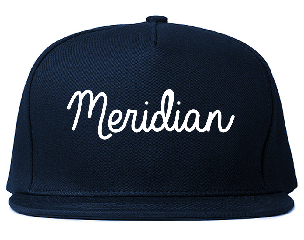 Meridian Idaho ID Script Mens Snapback Hat Navy Blue