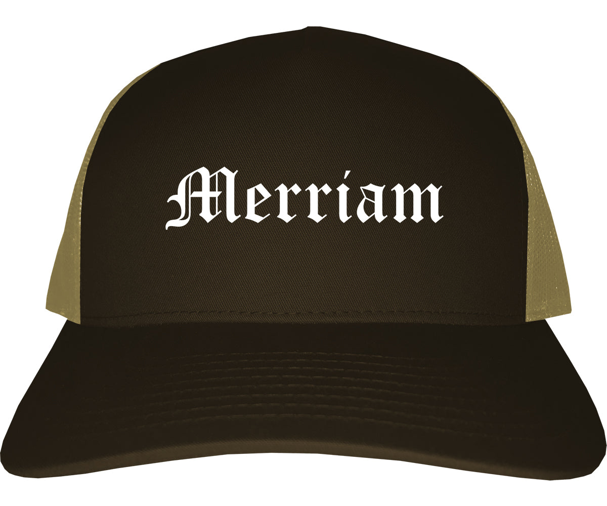Merriam Kansas KS Old English Mens Trucker Hat Cap Brown