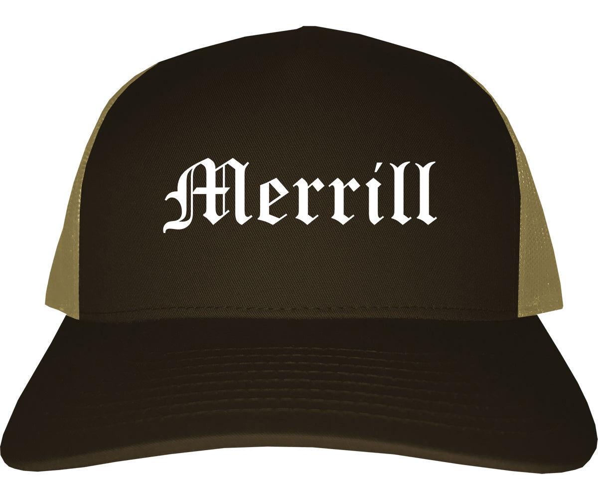 Merrill Wisconsin WI Old English Mens Trucker Hat Cap Brown