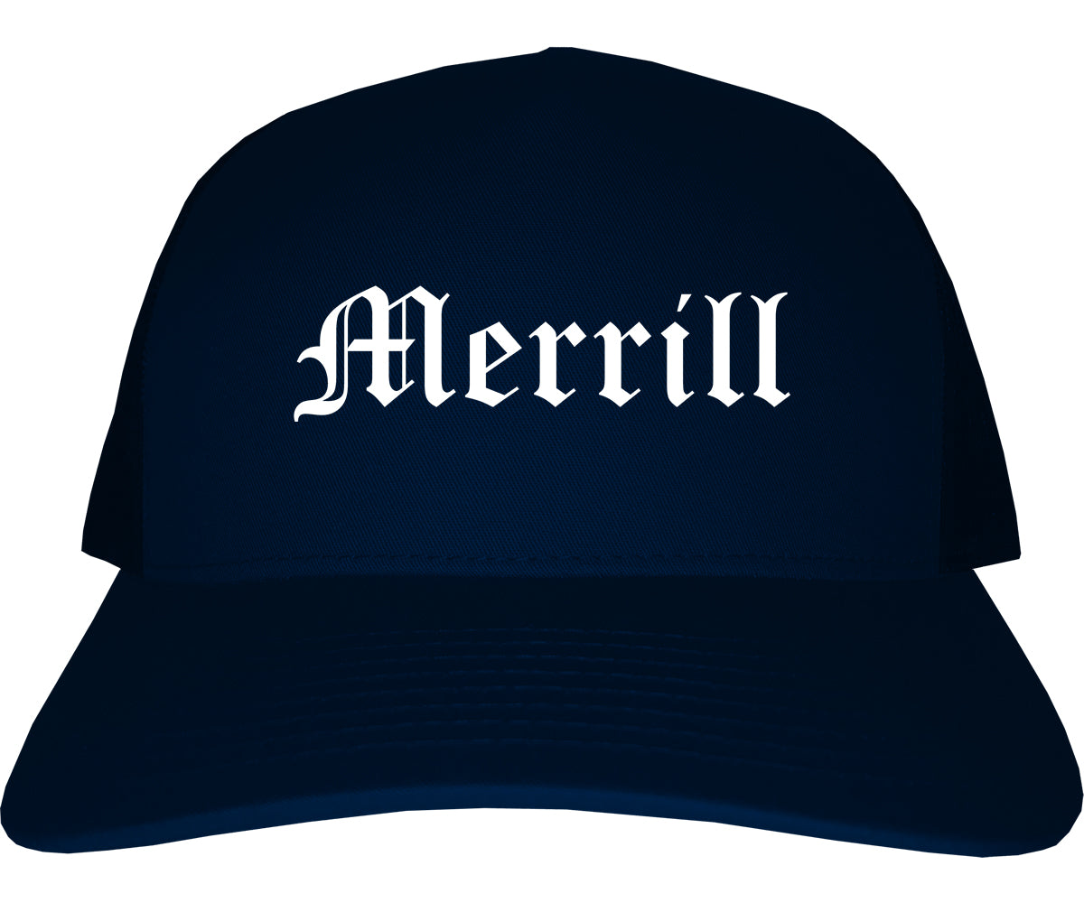 Merrill Wisconsin WI Old English Mens Trucker Hat Cap Navy Blue