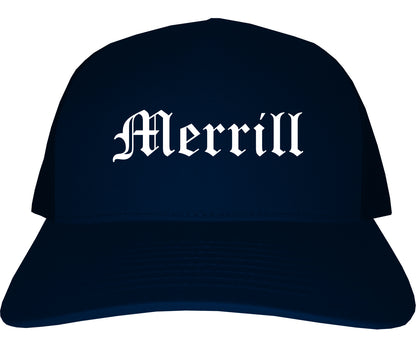 Merrill Wisconsin WI Old English Mens Trucker Hat Cap Navy Blue