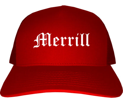 Merrill Wisconsin WI Old English Mens Trucker Hat Cap Red