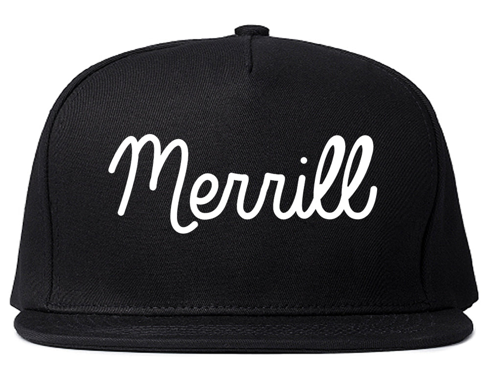 Merrill Wisconsin WI Script Mens Snapback Hat Black