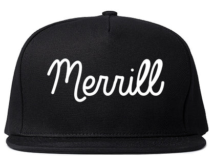 Merrill Wisconsin WI Script Mens Snapback Hat Black
