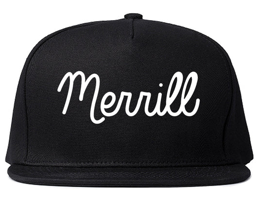 Merrill Wisconsin WI Script Mens Snapback Hat Black