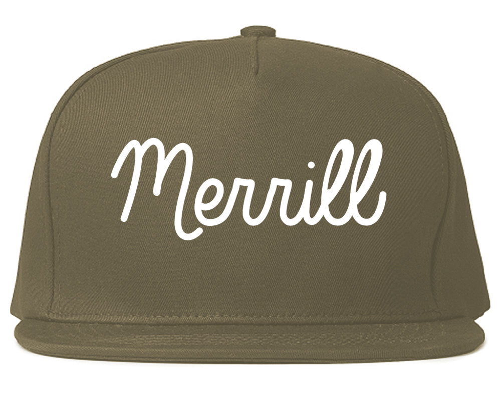 Merrill Wisconsin WI Script Mens Snapback Hat Grey