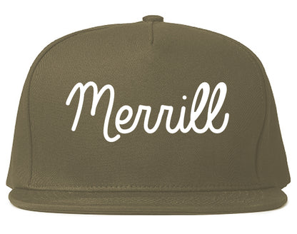 Merrill Wisconsin WI Script Mens Snapback Hat Grey