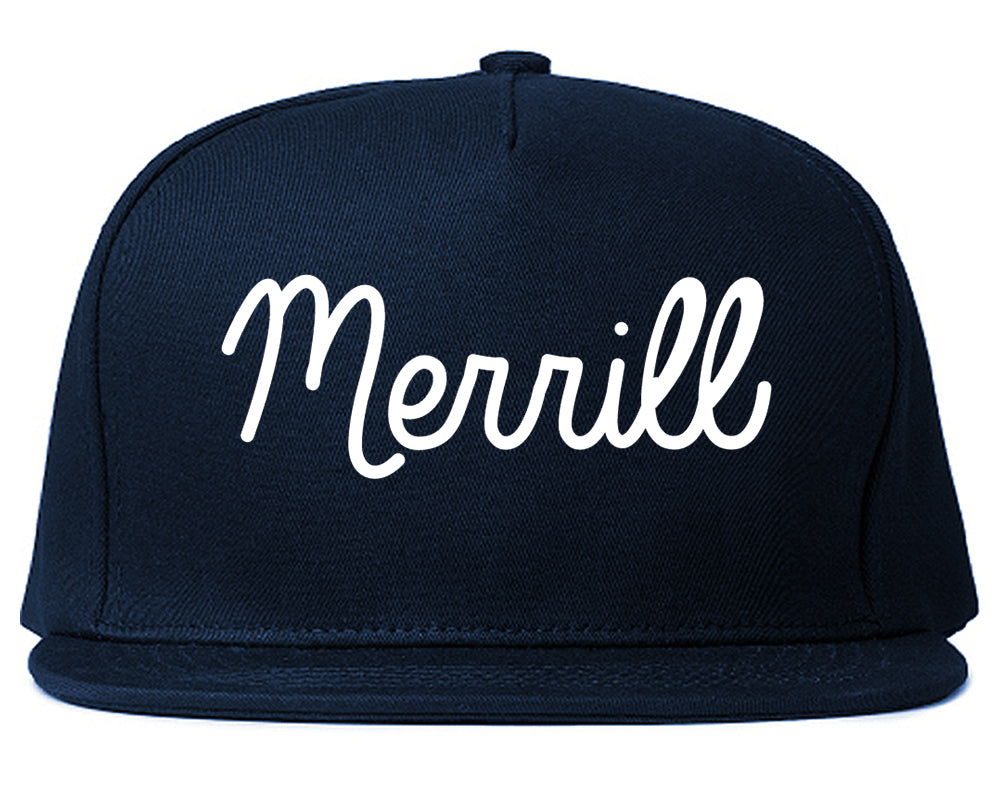 Merrill Wisconsin WI Script Mens Snapback Hat Navy Blue