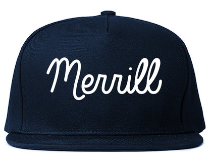 Merrill Wisconsin WI Script Mens Snapback Hat Navy Blue