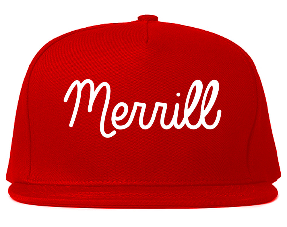 Merrill Wisconsin WI Script Mens Snapback Hat Red