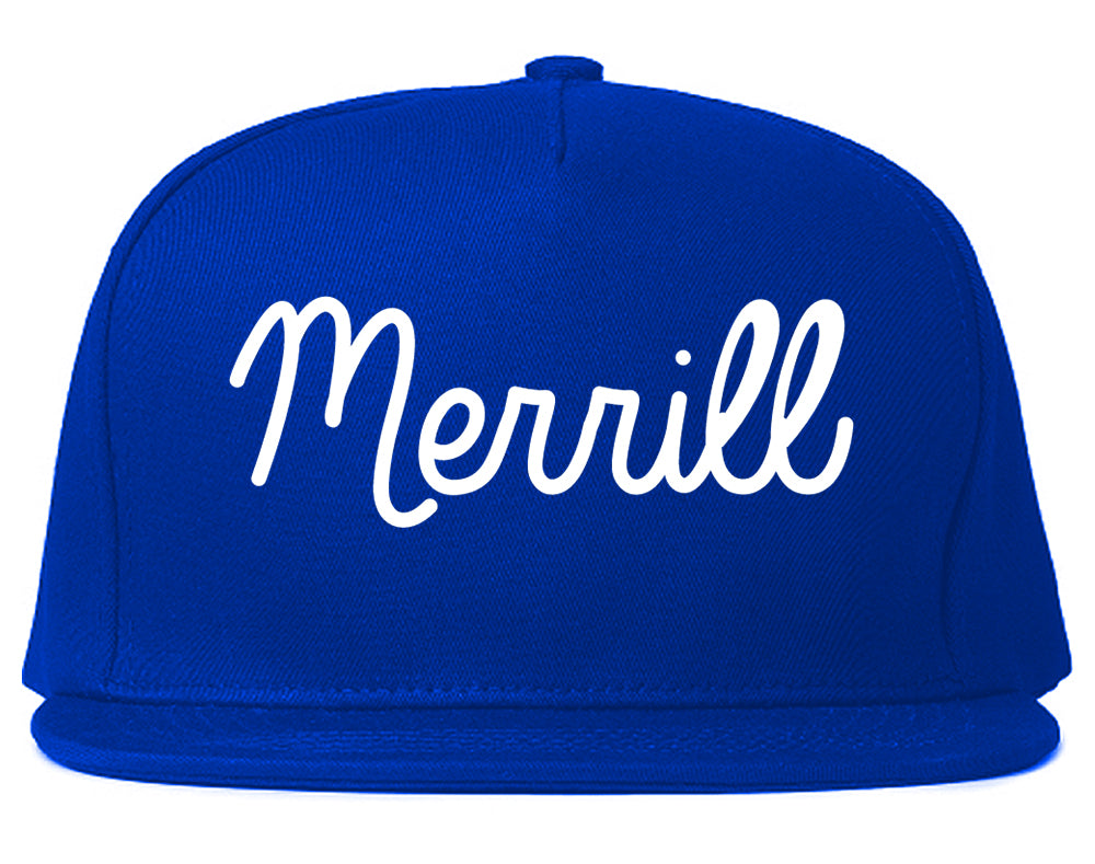 Merrill Wisconsin WI Script Mens Snapback Hat Royal Blue