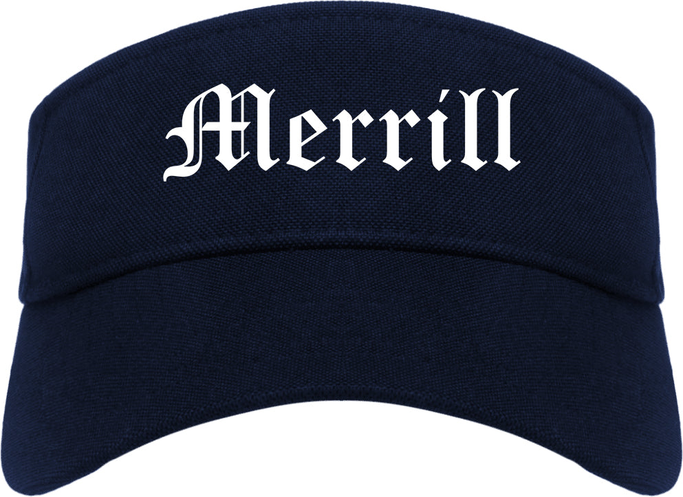 Merrill Wisconsin WI Old English Mens Visor Cap Hat Navy Blue