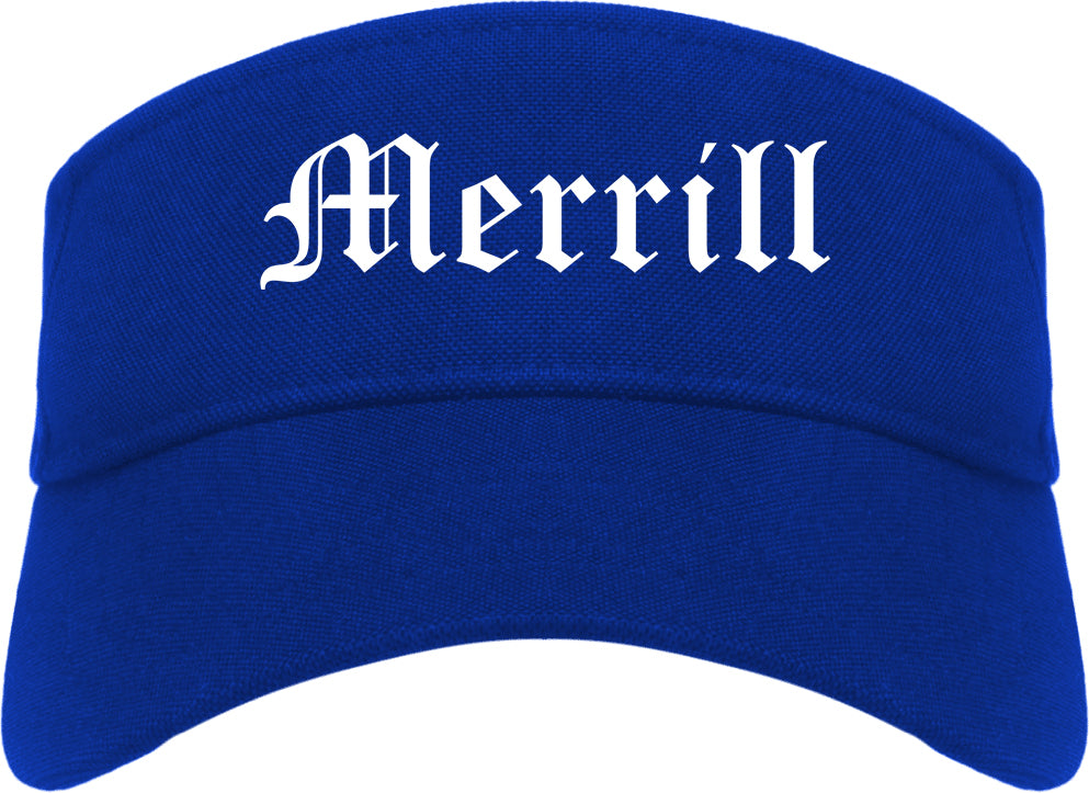 Merrill Wisconsin WI Old English Mens Visor Cap Hat Royal Blue