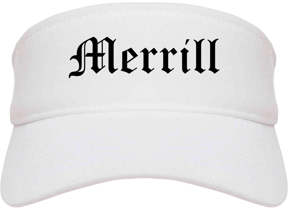Merrill Wisconsin WI Old English Mens Visor Cap Hat White