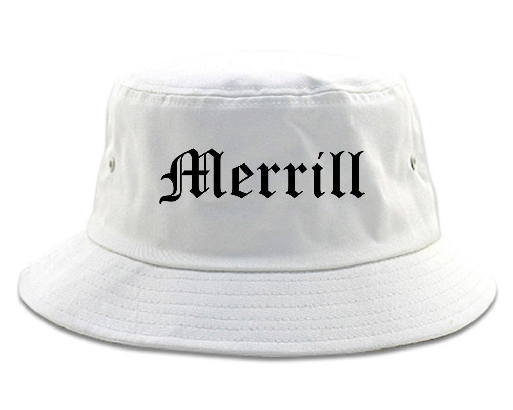 Merrill Wisconsin WI Old English Mens Bucket Hat White