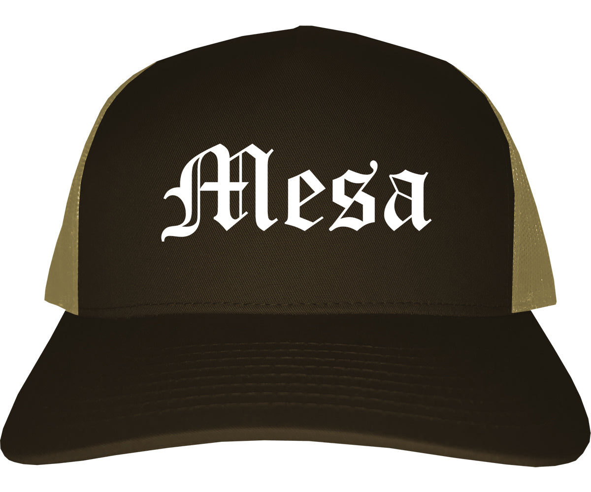 Mesa Arizona AZ Old English Mens Trucker Hat Cap Brown