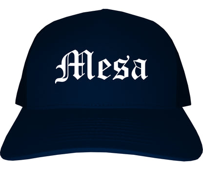 Mesa Arizona AZ Old English Mens Trucker Hat Cap Navy Blue