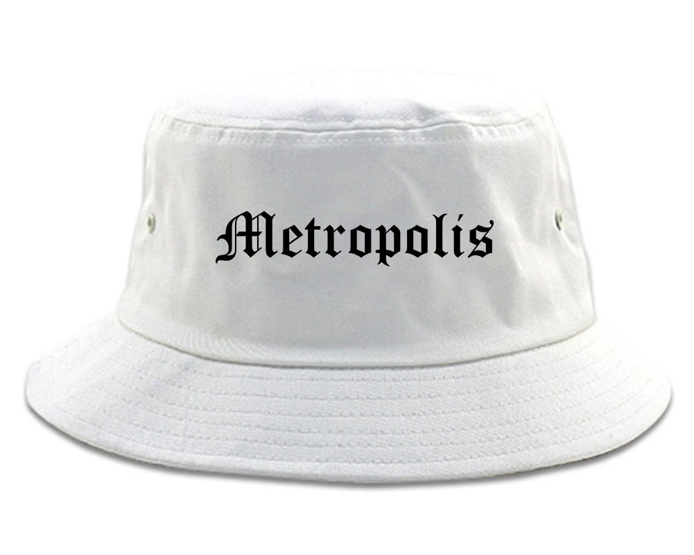 Metropolis Illinois IL Old English Mens Bucket Hat White