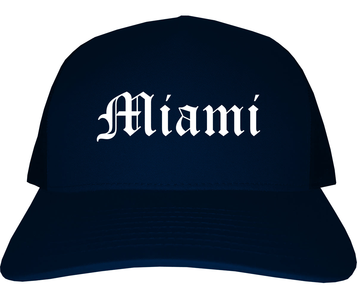 Miami Florida FL Old English Mens Trucker Hat Cap Navy Blue