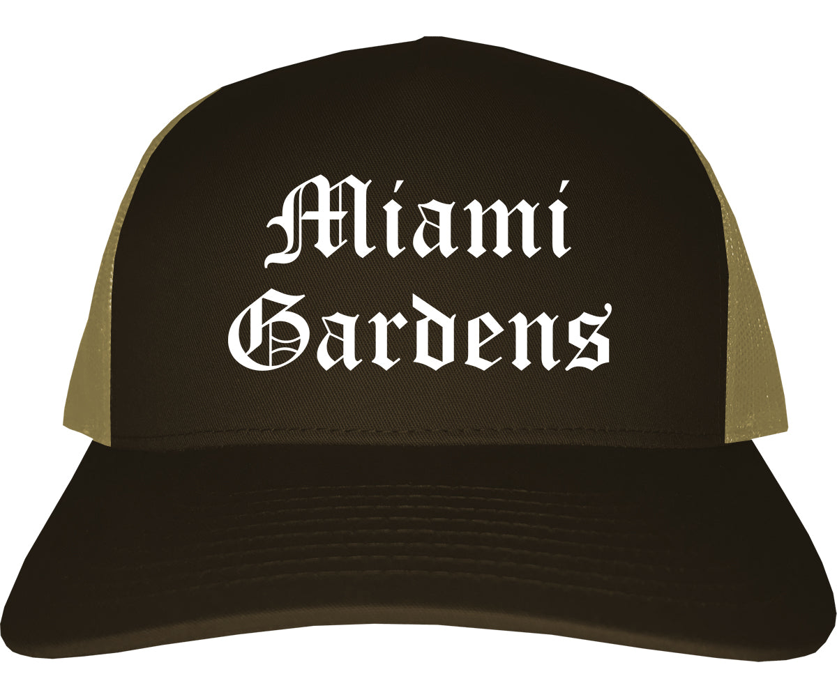 Miami Gardens Florida FL Old English Mens Trucker Hat Cap Brown