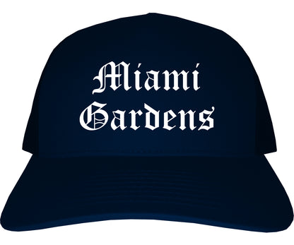 Miami Gardens Florida FL Old English Mens Trucker Hat Cap Navy Blue