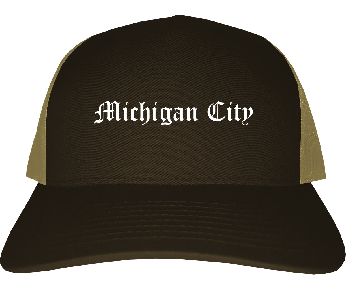 Michigan City Indiana IN Old English Mens Trucker Hat Cap Brown