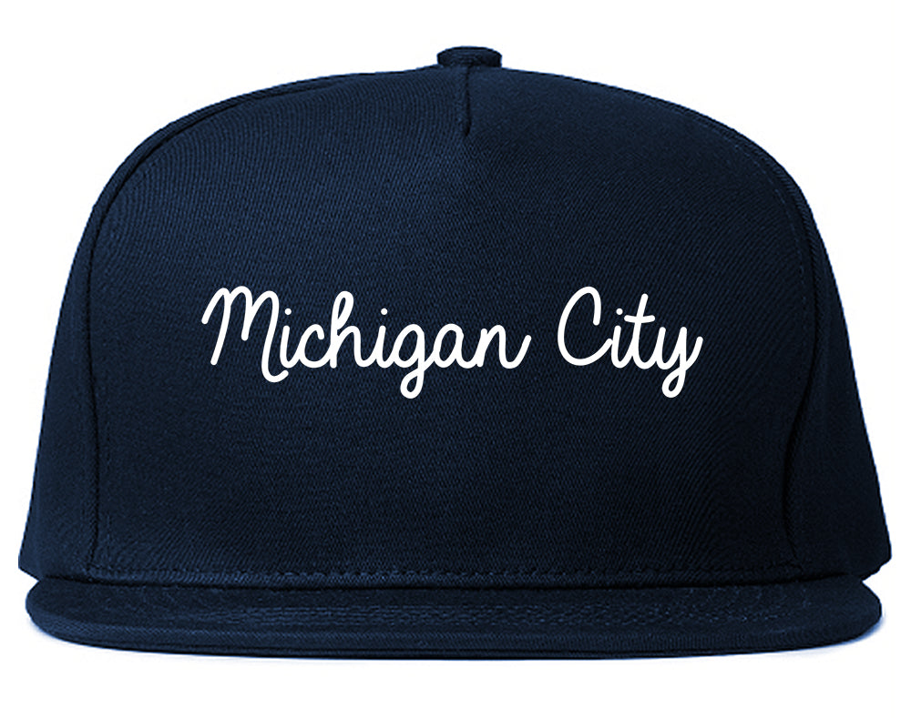 Michigan City Indiana IN Script Mens Snapback Hat Navy Blue