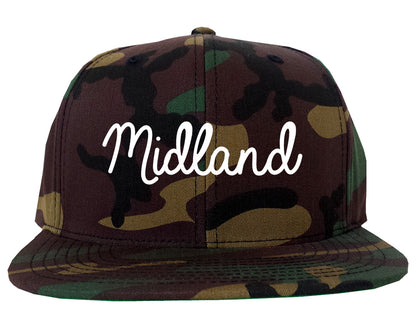 Midland Michigan MI Script Mens Snapback Hat Army Camo