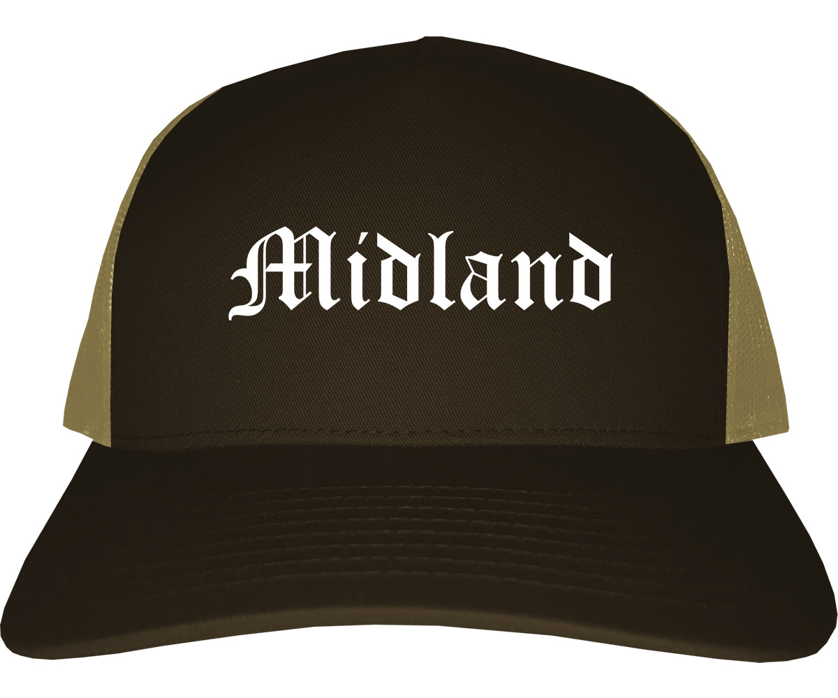 Midland Texas TX Old English Mens Trucker Hat Cap Brown