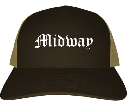 Midway North Carolina NC Old English Mens Trucker Hat Cap Brown