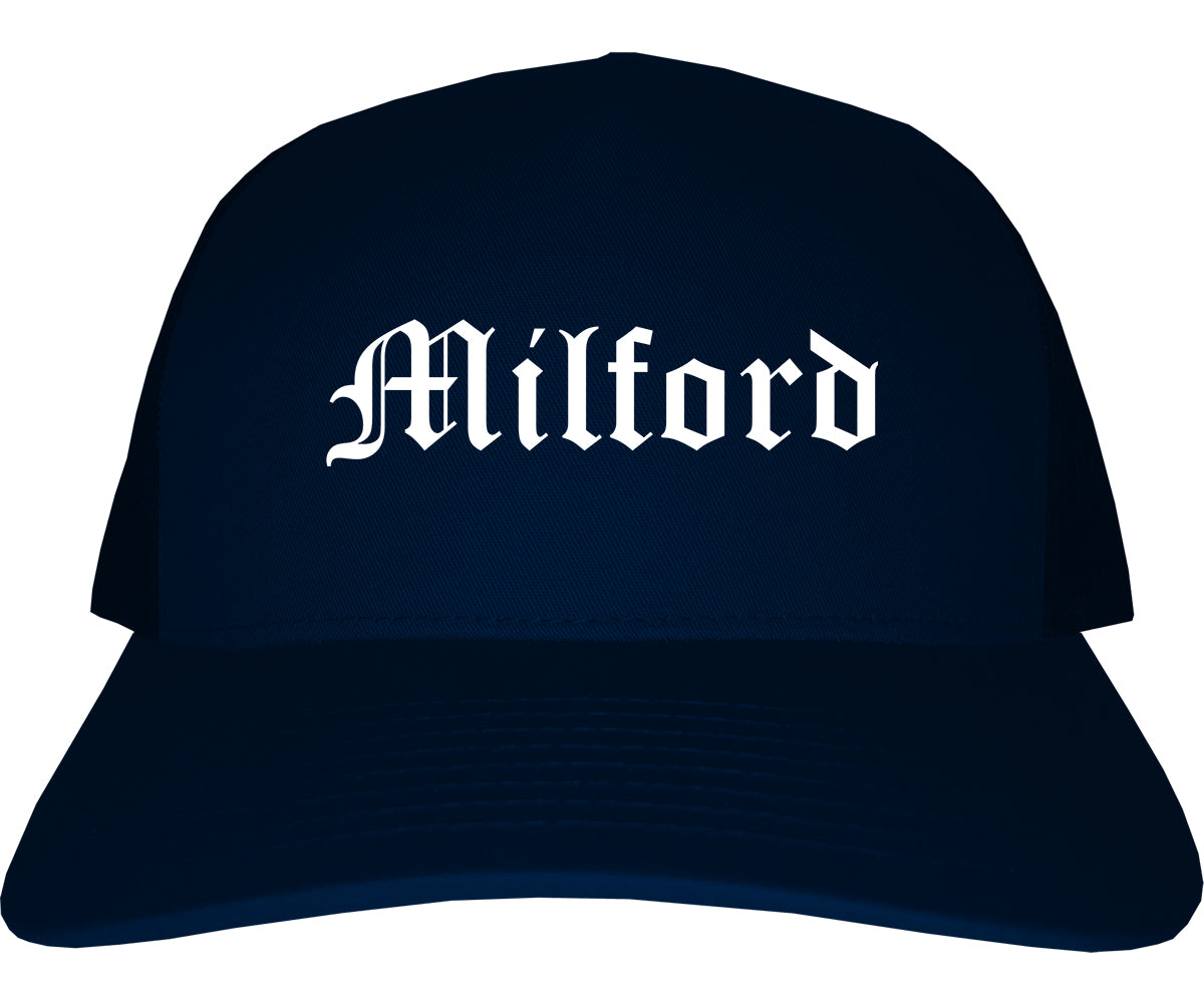 Milford Connecticut CT Old English Mens Trucker Hat Cap Navy Blue