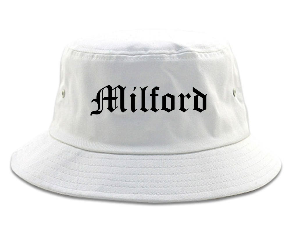 Milford Connecticut CT Old English Mens Bucket Hat White