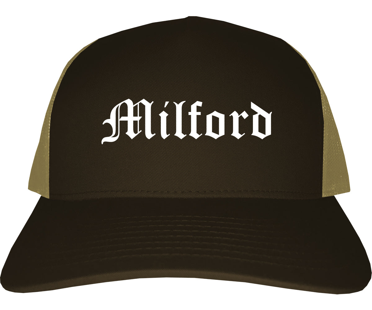 Milford Michigan MI Old English Mens Trucker Hat Cap Brown