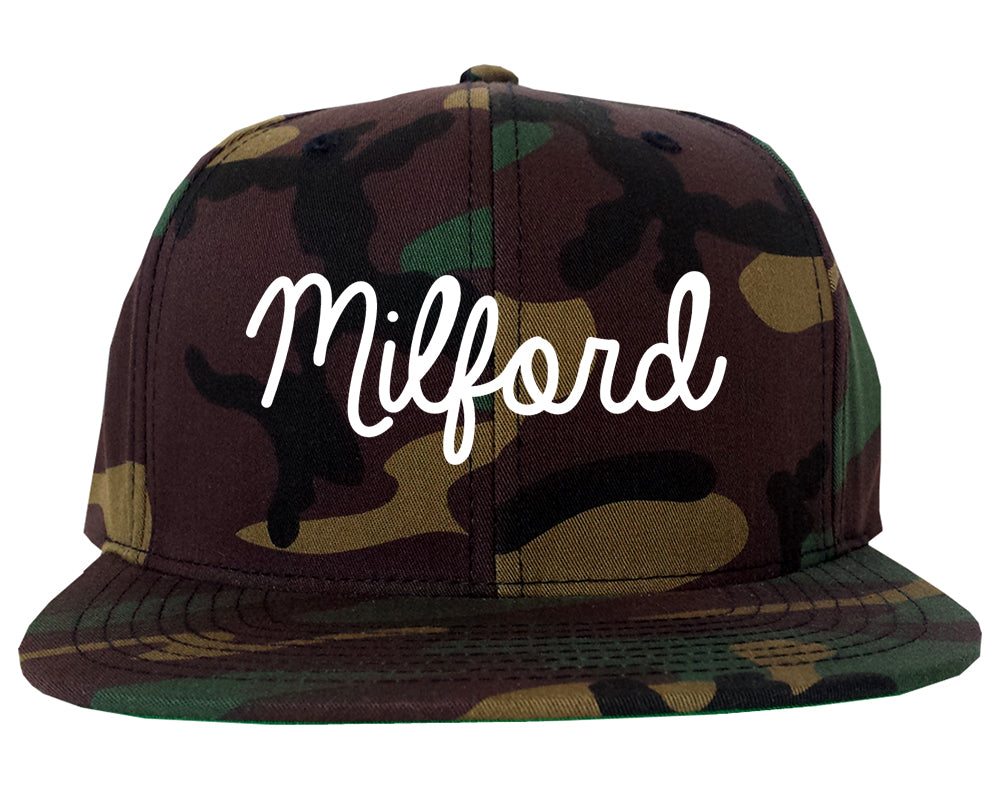 Milford Michigan MI Script Mens Snapback Hat Army Camo
