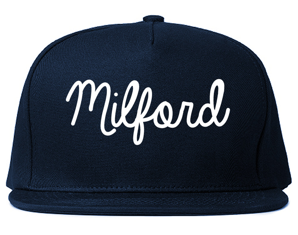 Milford Michigan MI Script Mens Snapback Hat Navy Blue