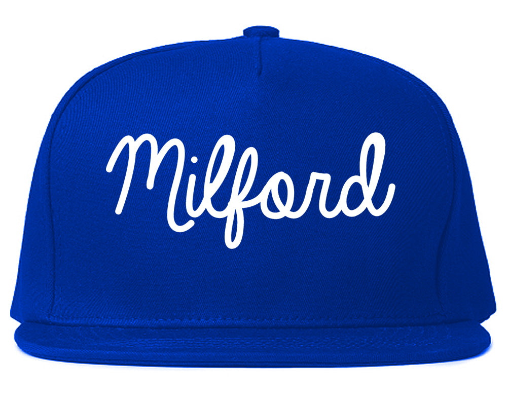 Milford Michigan MI Script Mens Snapback Hat Royal Blue