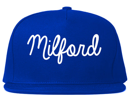 Milford Michigan MI Script Mens Snapback Hat Royal Blue
