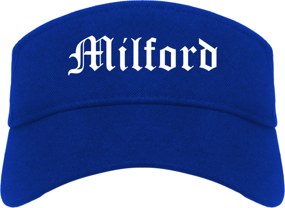 Milford Ohio OH Old English Mens Visor Cap Hat Royal Blue
