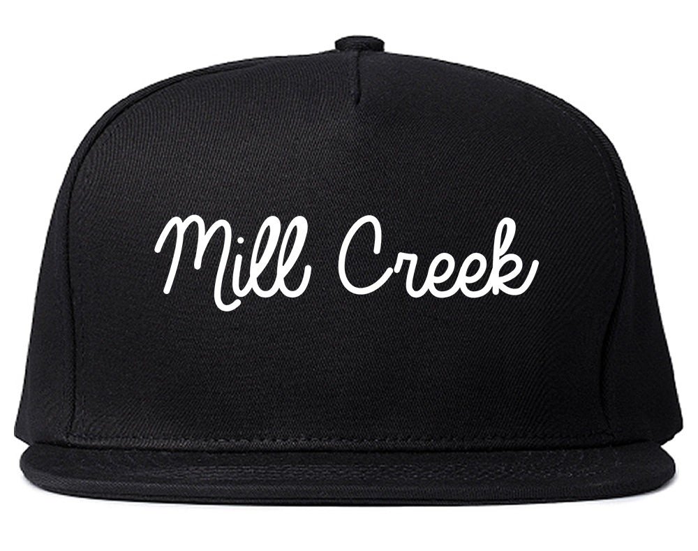 Mill Creek Washington WA Script Mens Snapback Hat Black