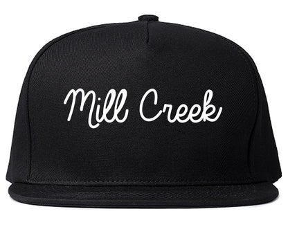 Mill Creek Washington WA Script Mens Snapback Hat Black