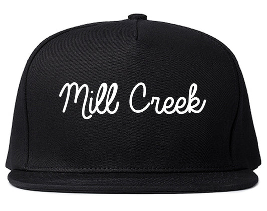 Mill Creek Washington WA Script Mens Snapback Hat Black
