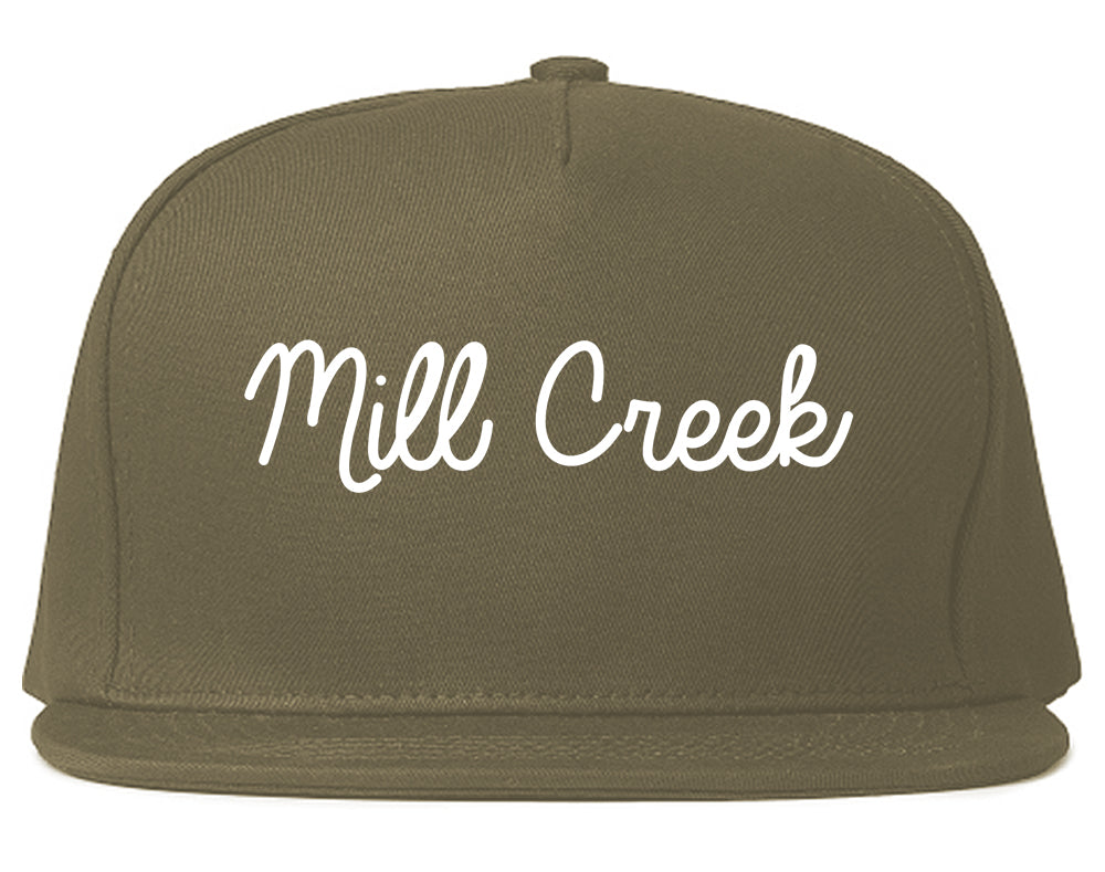 Mill Creek Washington WA Script Mens Snapback Hat Grey
