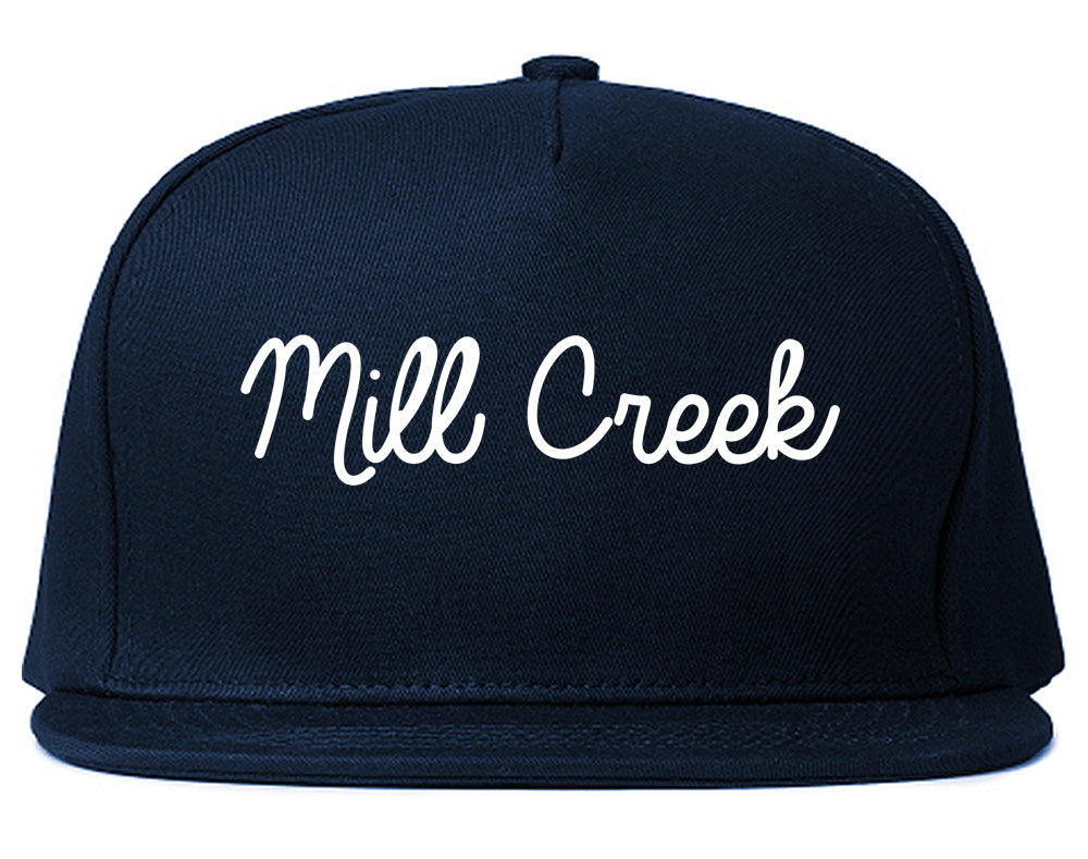 Mill Creek Washington WA Script Mens Snapback Hat Navy Blue