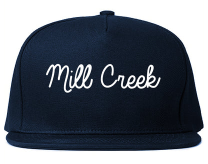 Mill Creek Washington WA Script Mens Snapback Hat Navy Blue