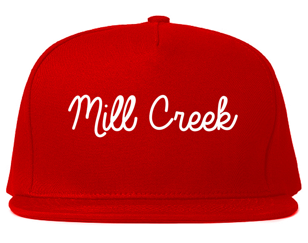 Mill Creek Washington WA Script Mens Snapback Hat Red