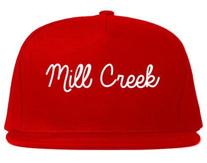 Mill Creek Washington WA Script Mens Snapback Hat Red