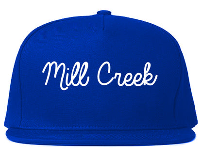Mill Creek Washington WA Script Mens Snapback Hat Royal Blue