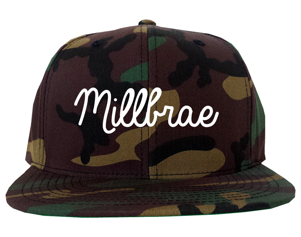 Millbrae California CA Script Mens Snapback Hat Army Camo