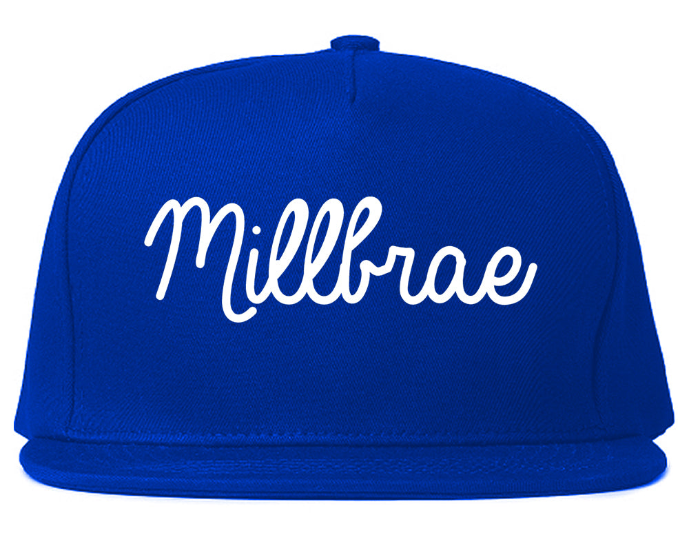 Millbrae California CA Script Mens Snapback Hat Royal Blue