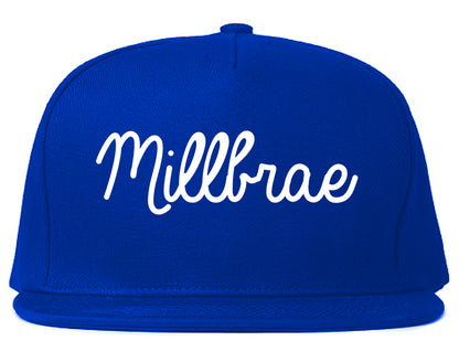 Millbrae California CA Script Mens Snapback Hat Royal Blue